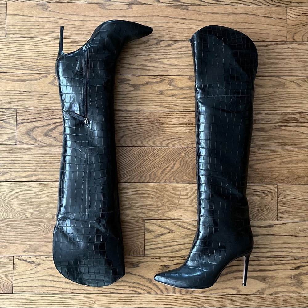 SCHUTZ Maryana Salto Alto Over The Knee OTK Boots Black Croc Leather Sz 11
